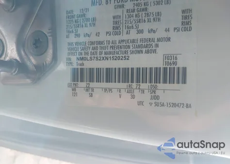 2022 Ford Transit Connect Xl Cargo Van из США, поврежденный, VIN NM0LS7S2XN1520252